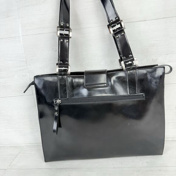 Vintage Y2K Guess Shoulder Bag Black Patent Leather Buckle Logo Purse Retro 90s - Picture 6 of 16